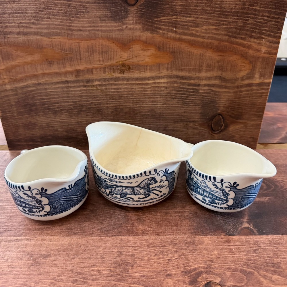 Vintage Blue White Transferware Sleigh Ride Creamer and Cup Set 3pc *READ